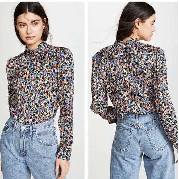 Veronica Beard mena black white red floral print neck tie silk blouse top - Picture 3 of 16